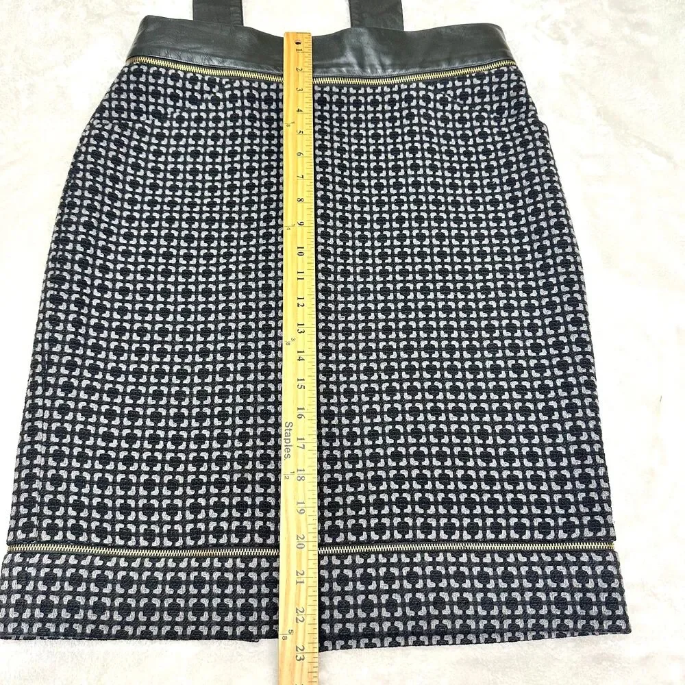 Etcetera Women's Gray Black Tweed Leather Trim Below Knee Pencil Skirt Sz M